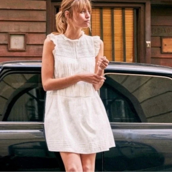 Sezane Sophie White Cotton Lace Ruffle Bohemian Mini Dress Women’s US 10 EU 42 - Picture 3 of 13